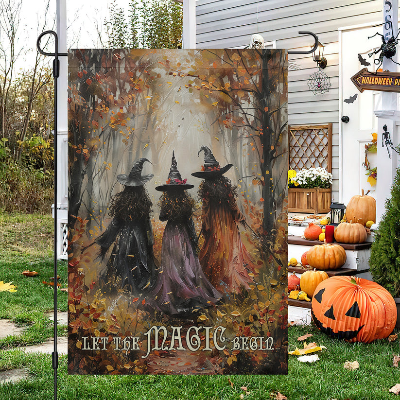 Elegant Halloween Flag - Let the Magic Begin with Three Witches in Autumn Forest Design-W170725-28-mk-1