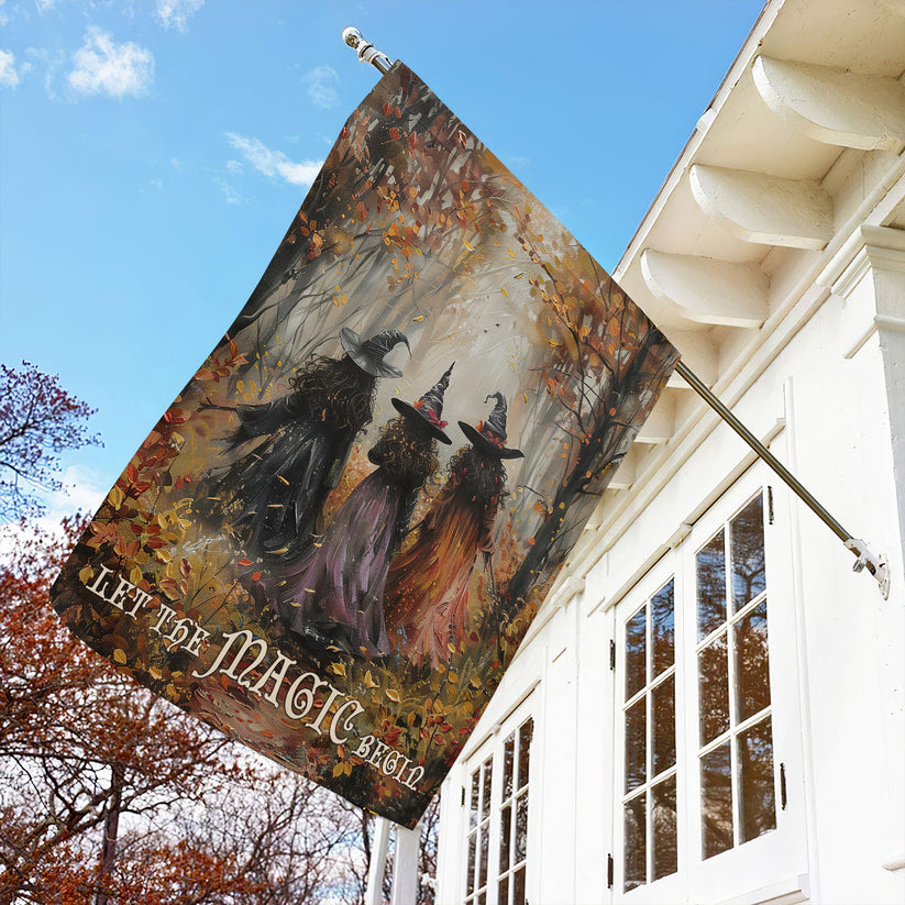 Elegant Halloween Flag - Let the Magic Begin with Three Witches in Autumn Forest Design-W170725-28-mk-2
