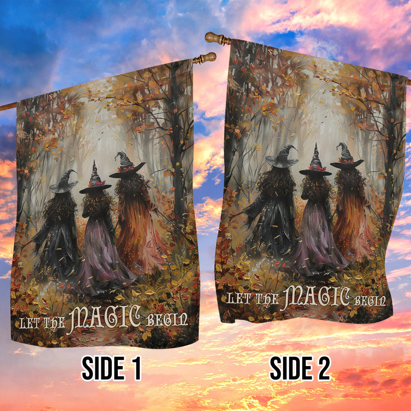 Elegant Halloween Flag - Let the Magic Begin with Three Witches in Autumn Forest Design-W170725-28-mk-3
