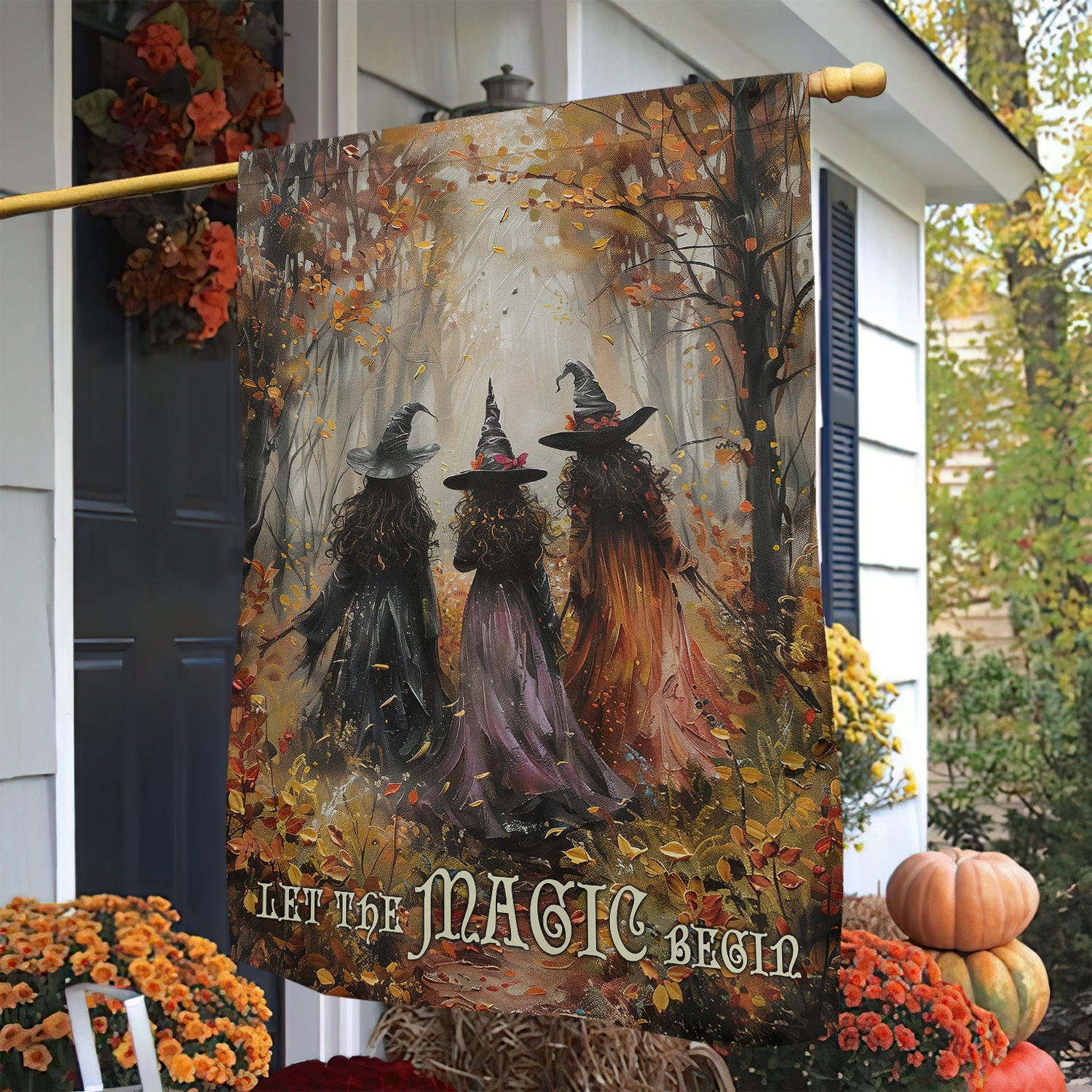 Elegant Halloween Flag - Let the Magic Begin with Three Witches in Autumn Forest Design-W170725-28-mk-4