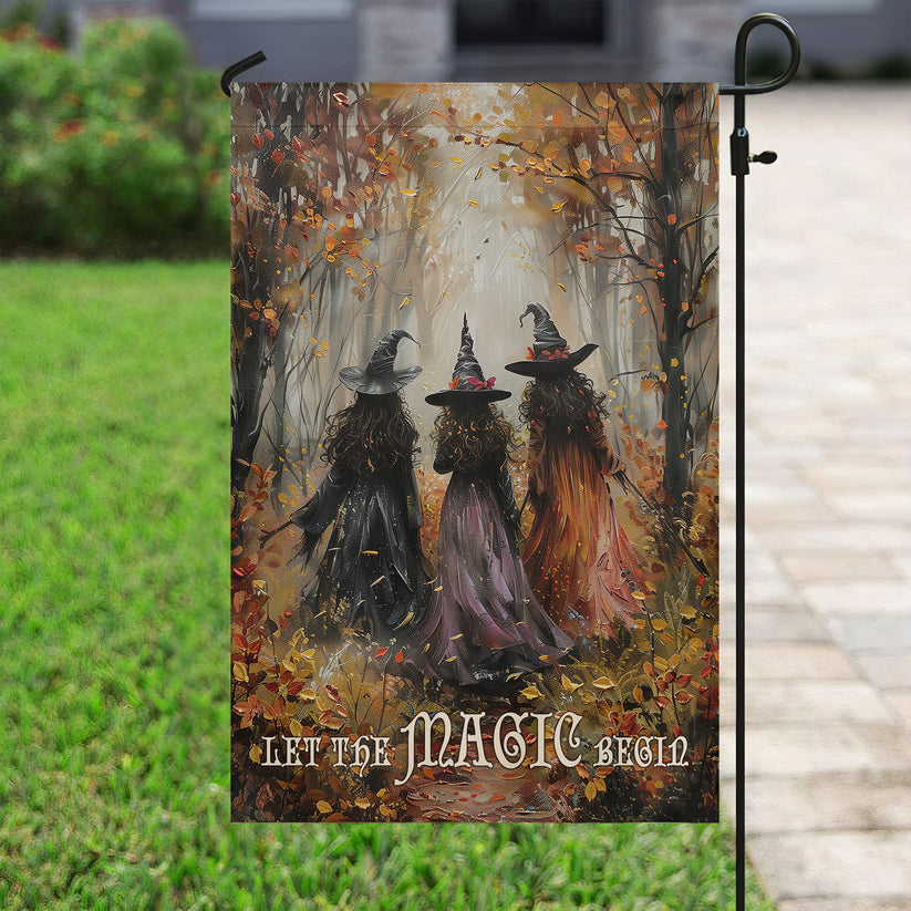 Elegant Halloween Flag - Let the Magic Begin with Three Witches in Autumn Forest Design-W170725-28-mk-5