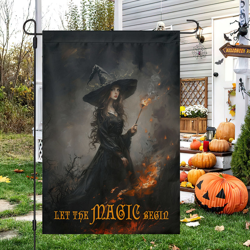 Elegant Halloween Flag - Let the Magic Begin with Witch Holding Torch in Dark Forest Design-W170725-29-mk-1