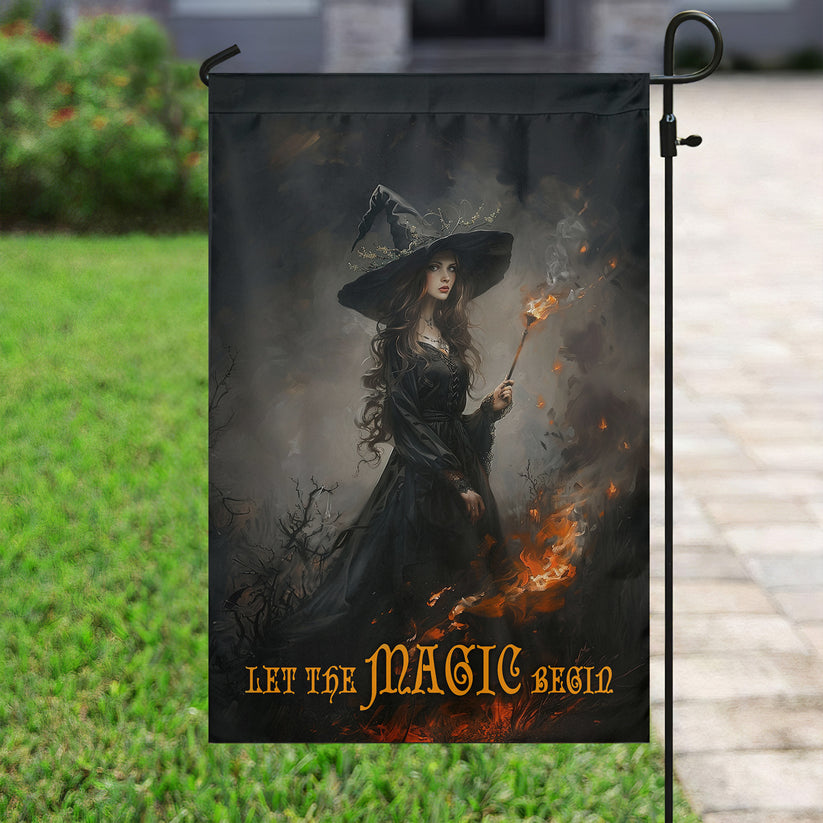 Elegant Halloween Flag - Let the Magic Begin with Witch Holding Torch in Dark Forest Design-W170725-29-mk-2