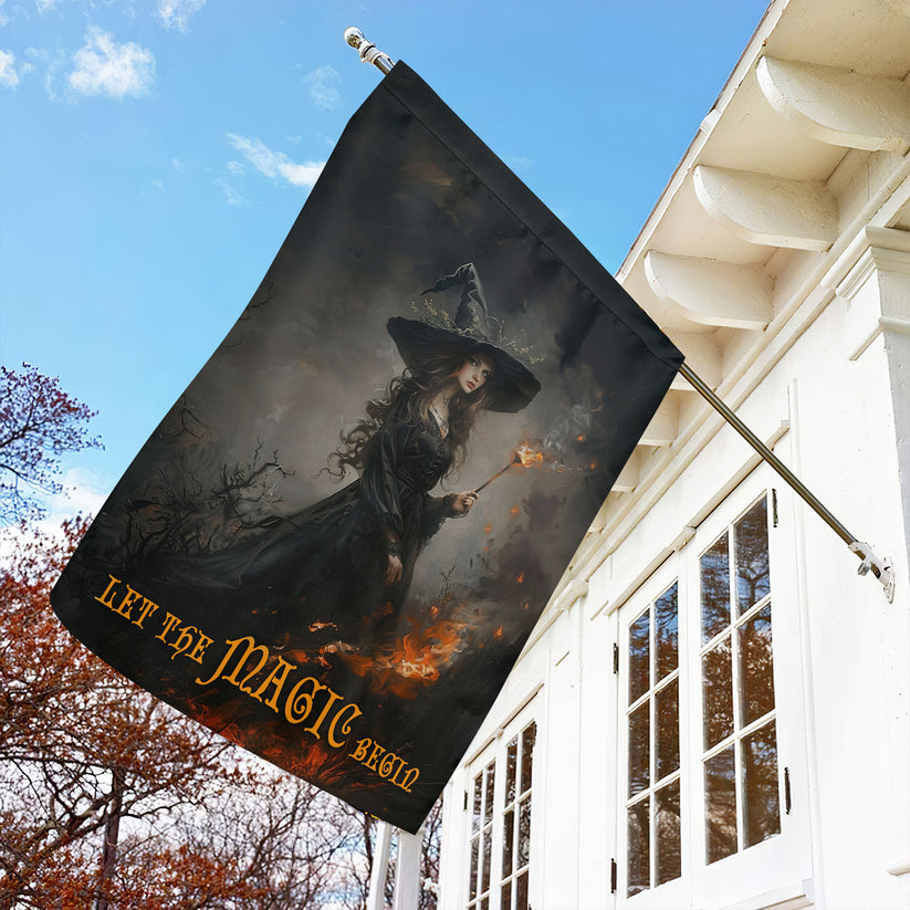 Elegant Halloween Flag - Let the Magic Begin with Witch Holding Torch in Dark Forest Design-W170725-29-mk-3
