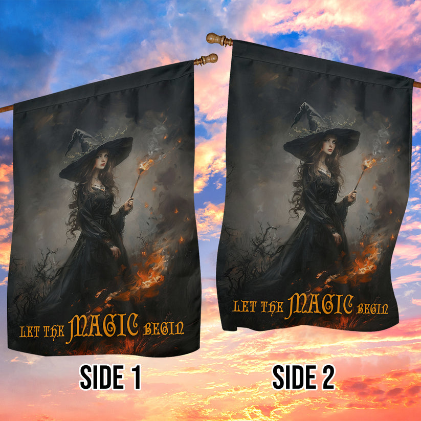 Elegant Halloween Flag - Let the Magic Begin with Witch Holding Torch in Dark Forest Design-W170725-29-mk-4