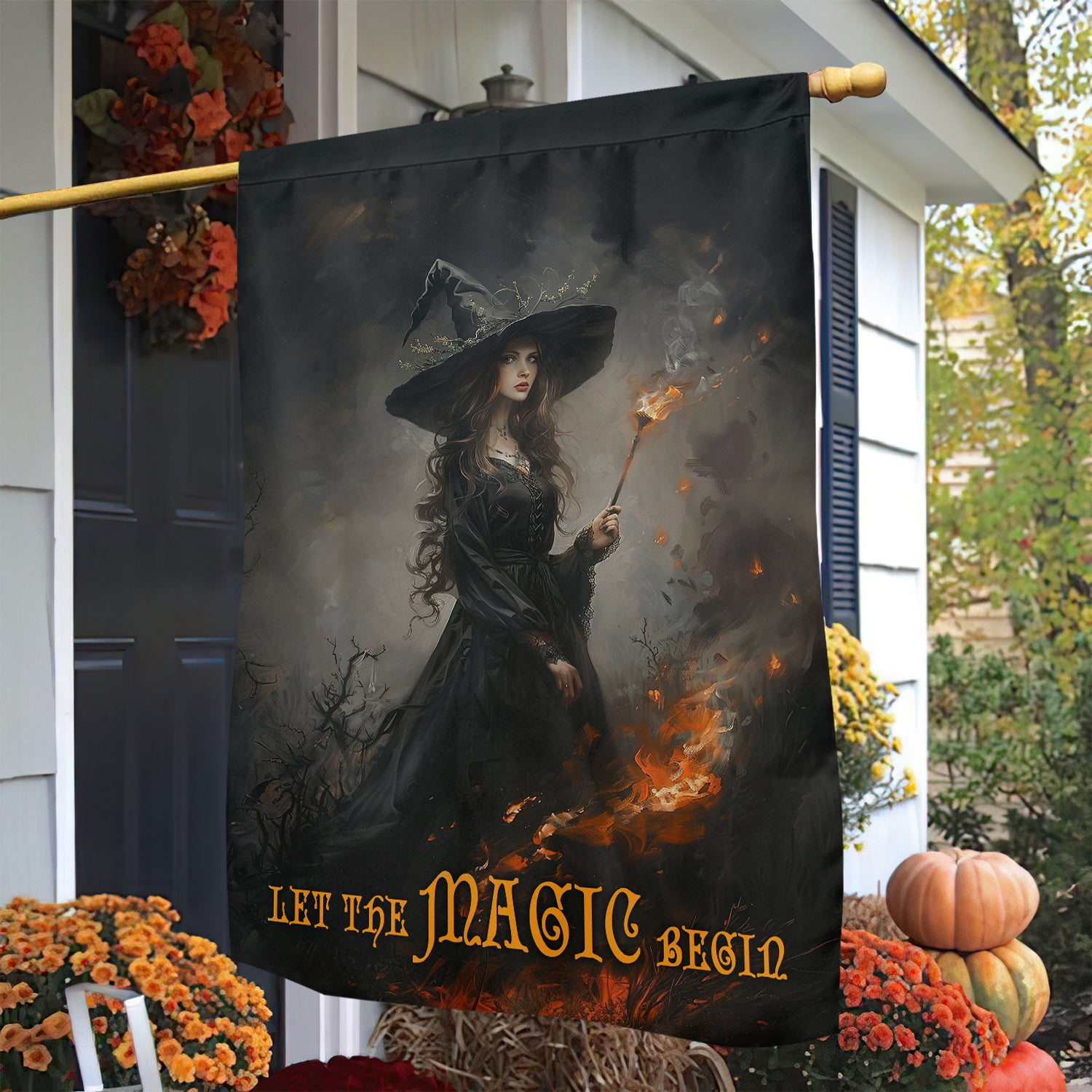 Elegant Halloween Flag - Let the Magic Begin with Witch Holding Torch in Dark Forest Design-W170725-29-mk-5