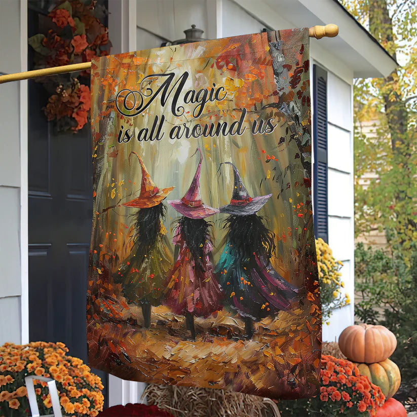 Elegant Halloween Flag - Magic Is All Around Us with Three Witches in Autumn Forest Design-W170725-27-mk-1