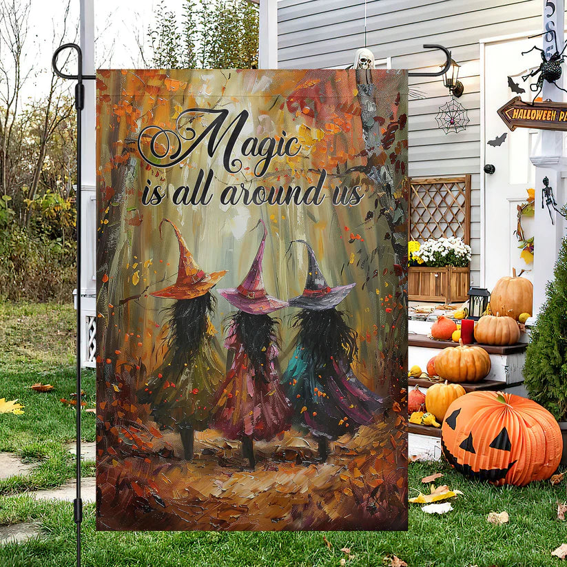 Elegant Halloween Flag - Magic Is All Around Us with Three Witches in Autumn Forest Design-W170725-27-mk-2