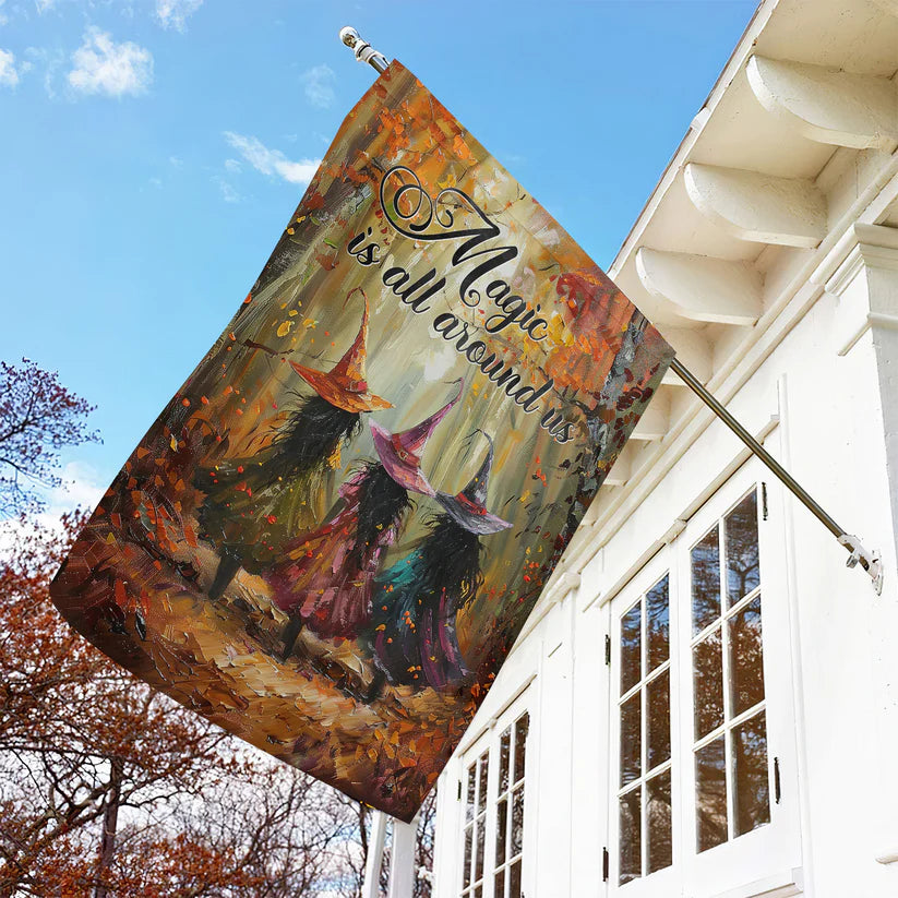 Elegant Halloween Flag - Magic Is All Around Us with Three Witches in Autumn Forest Design-W170725-27-mk-3