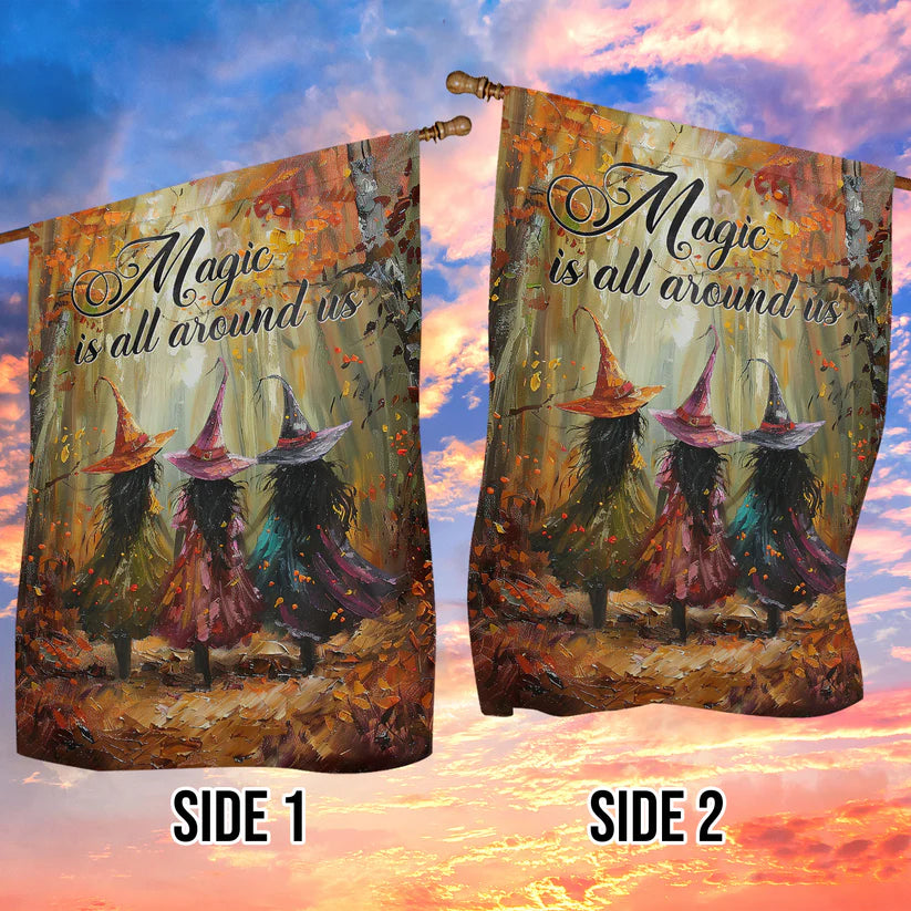 Elegant Halloween Flag - Magic Is All Around Us with Three Witches in Autumn Forest Design-W170725-27-mk-4