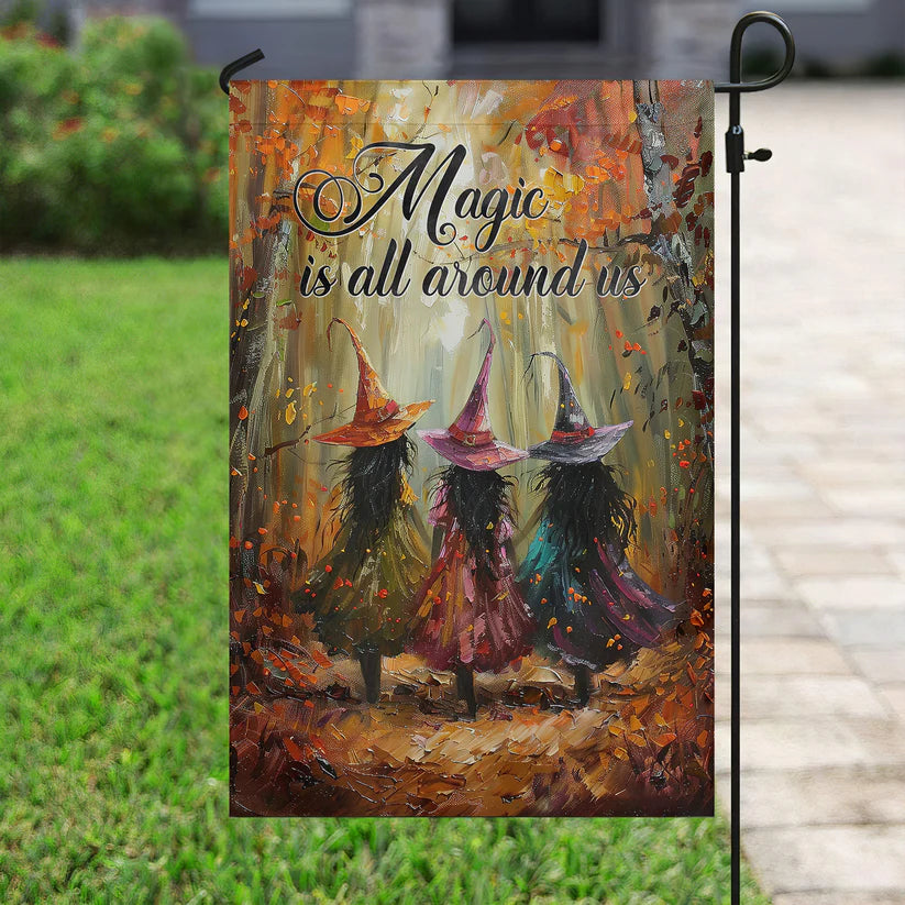 Elegant Halloween Flag - Magic Is All Around Us with Three Witches in Autumn Forest Design-W170725-27-mk-5