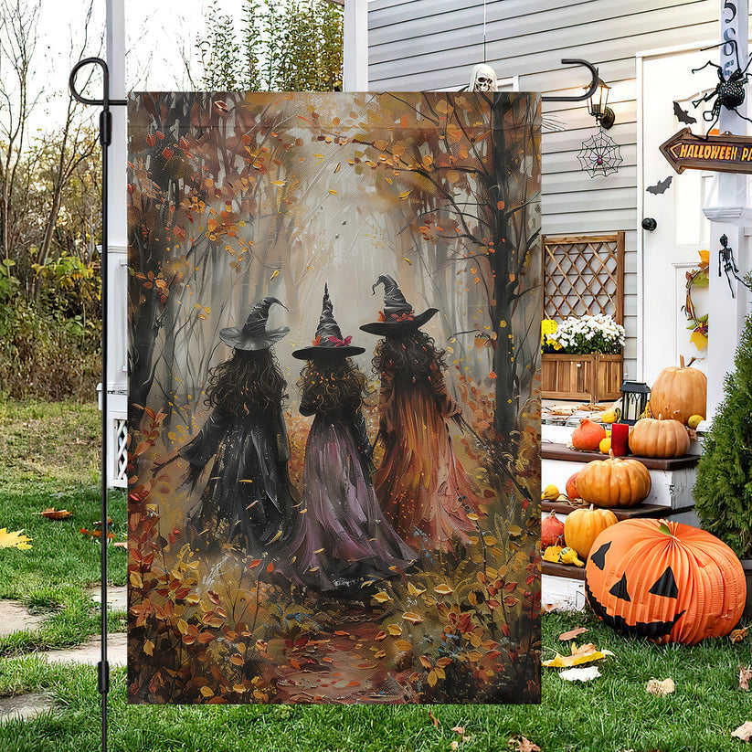 Elegant Halloween Flag - Three Witches Walking Through Autumn Forest Design-W170725-24-mk-1