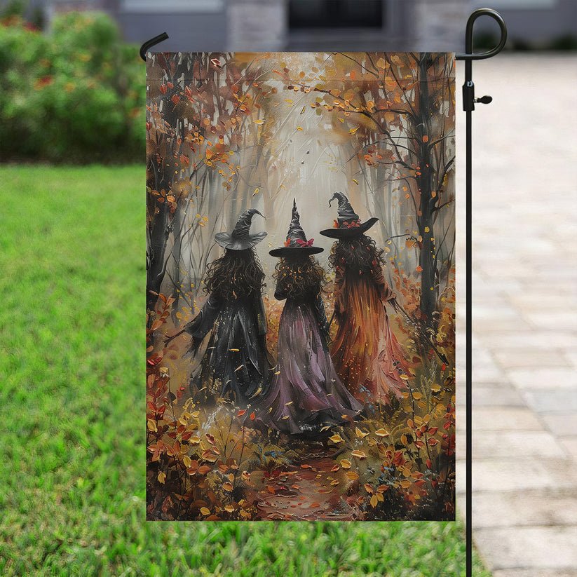 Elegant Halloween Flag - Three Witches Walking Through Autumn Forest Design-W170725-24-mk-3