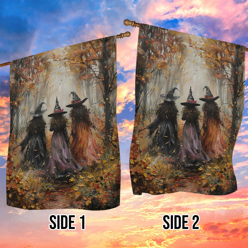 Elegant Halloween Flag - Three Witches Walking Through Autumn Forest Design-W170725-24-mk-4