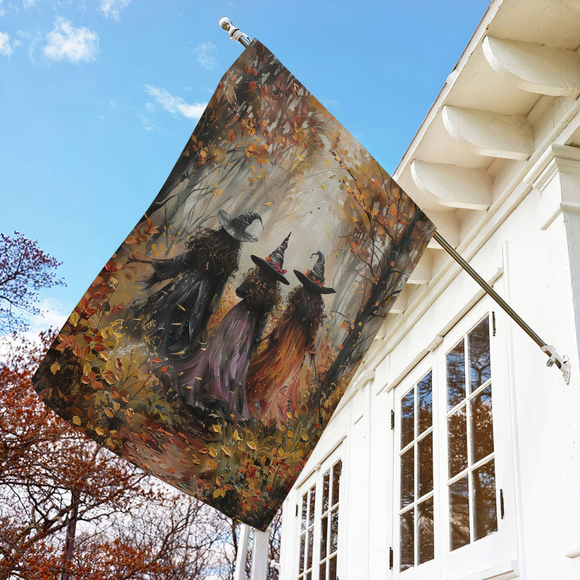 Elegant Halloween Flag - Three Witches Walking Through Autumn Forest Design-W170725-24-mk-5