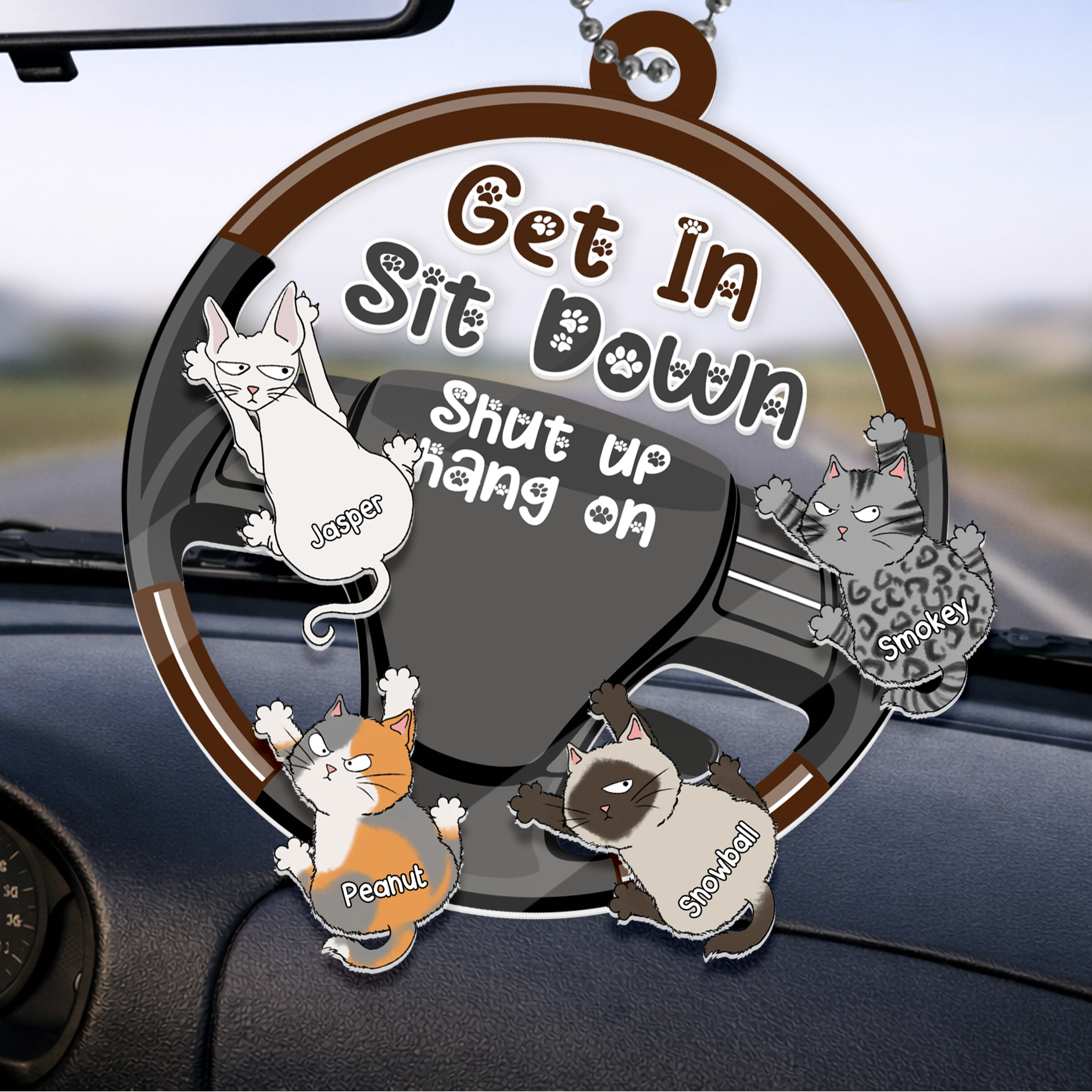 Rotating Car Mirror Ornament - Personalized Car Ornament for Cat Lovers - Get In Sit Down