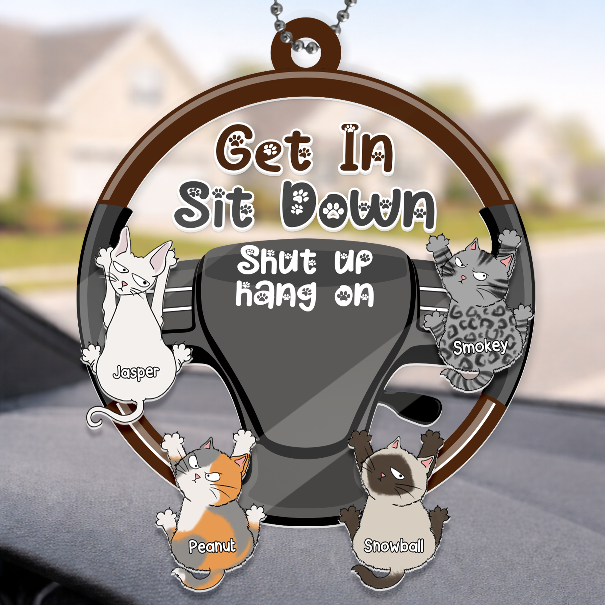 Rotating Car Mirror Ornament - Personalized Car Ornament for Cat Lovers - Get In Sit Down
