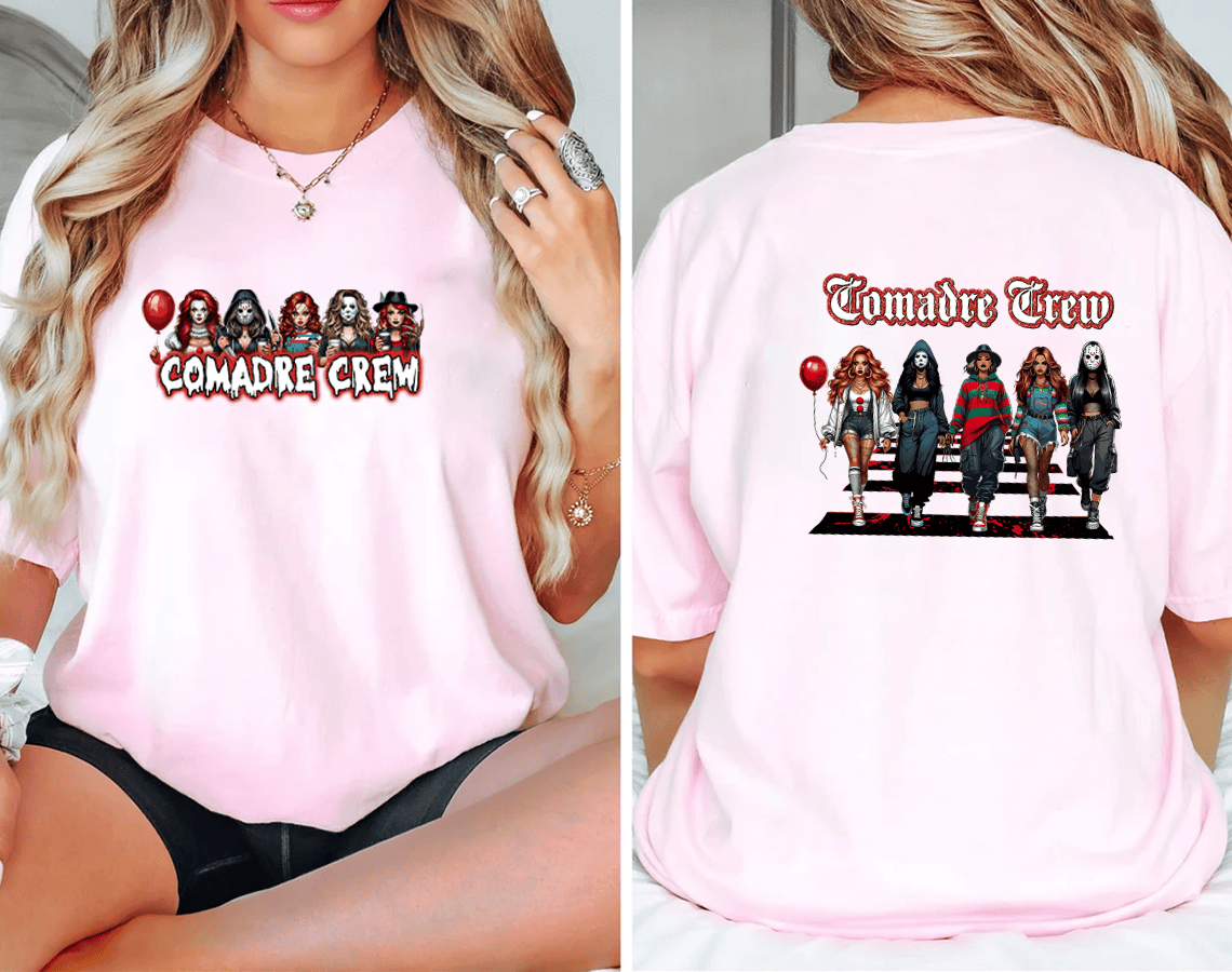 Funny Comadre Crew Halloween T-Shirt-Horror Character Squad Graphic Tee for Women-W240725-08-mk1