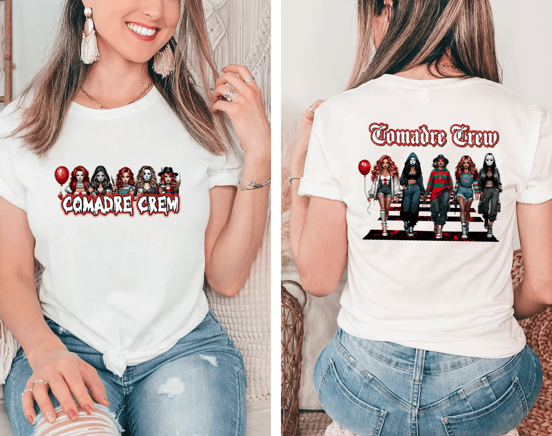 Funny Comadre Crew Halloween T-Shirt-Horror Character Squad Graphic Tee for Women-W240725-08-mk2