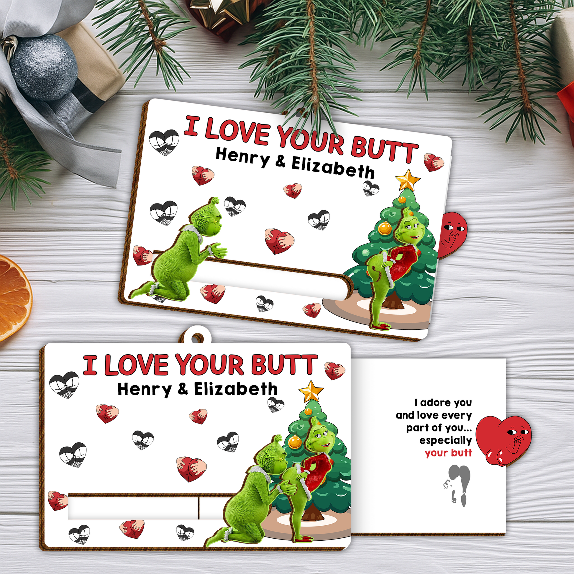 Funny Couples Christmas Slider Card - Personalized I Love Your Butt Gift, Cute Naughty Green Character Romantic Card for Him Her-P2509-1603-mk3