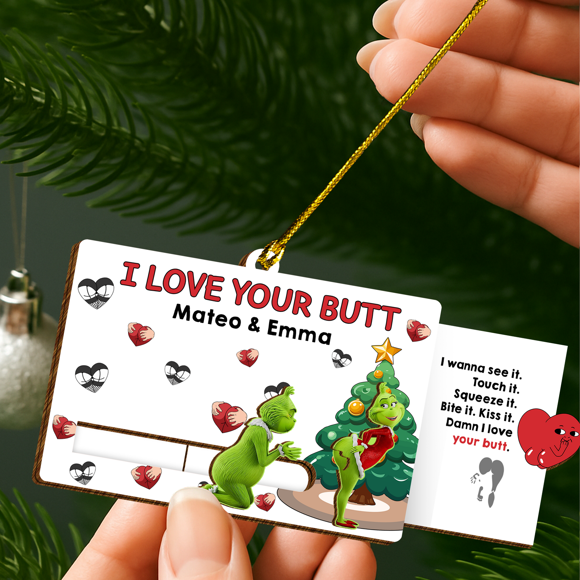 Funny Couples Christmas Slider Card - Personalized I Love Your Butt Gift, Cute Naughty Green Character Romantic Card for Him Her-P2509-1603-mk5