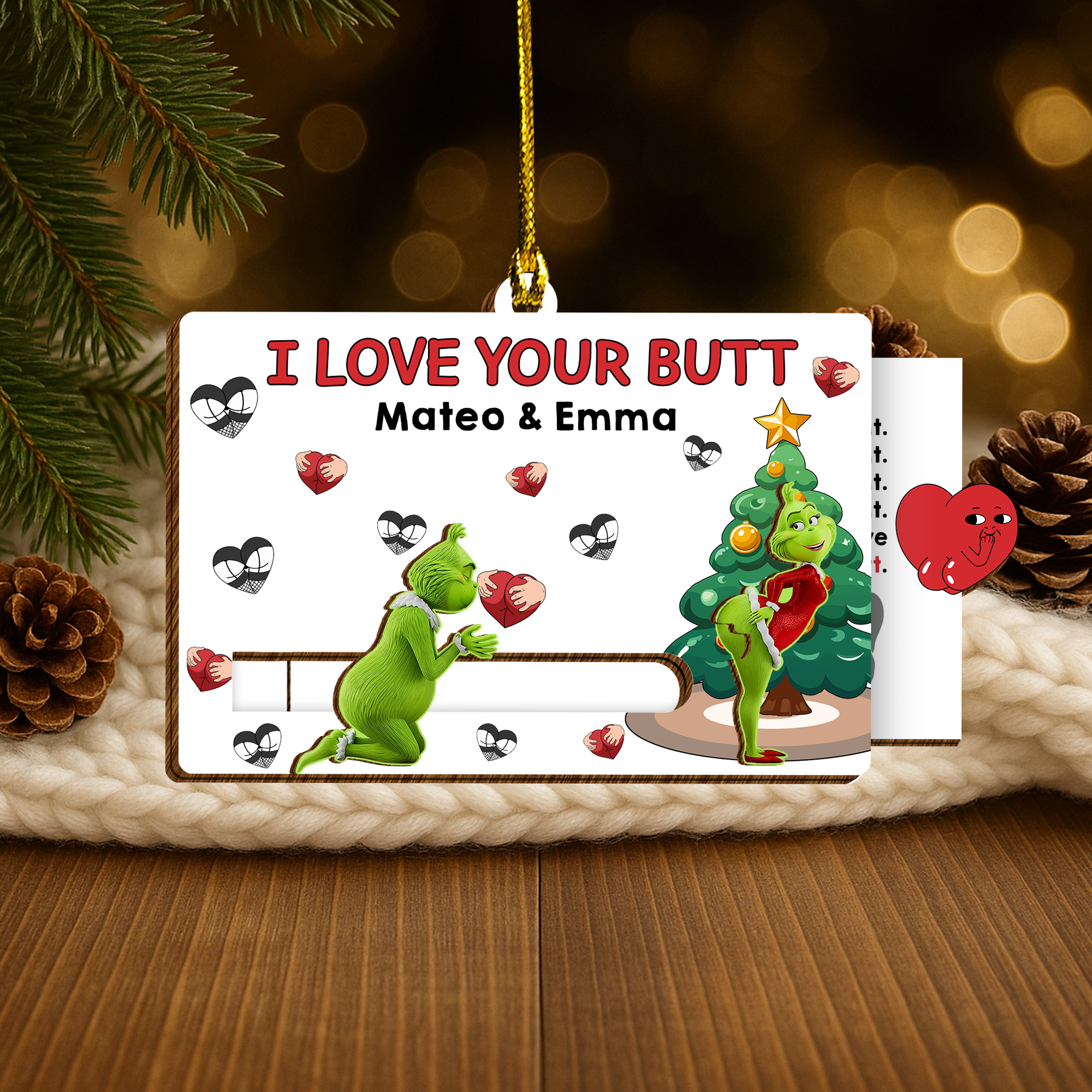 Funny Couples Christmas Slider Card - Personalized I Love Your Butt Gift, Cute Naughty Green Character Romantic Card for Him Her-P2509-1603-mk6