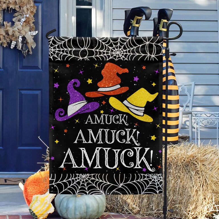 Funny Halloween Flag - 'Amuck! Amuck! Amuck!' with Witch Hats and Spider Web Design-W170725-23-mk-1