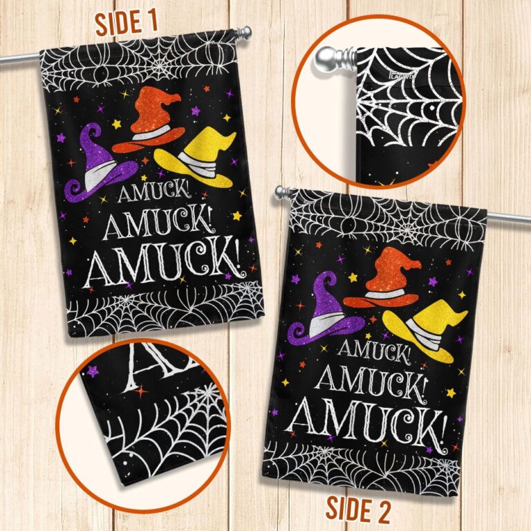 Funny Halloween Flag - 'Amuck! Amuck! Amuck!' with Witch Hats and Spider Web Design-W170725-23-mk-2