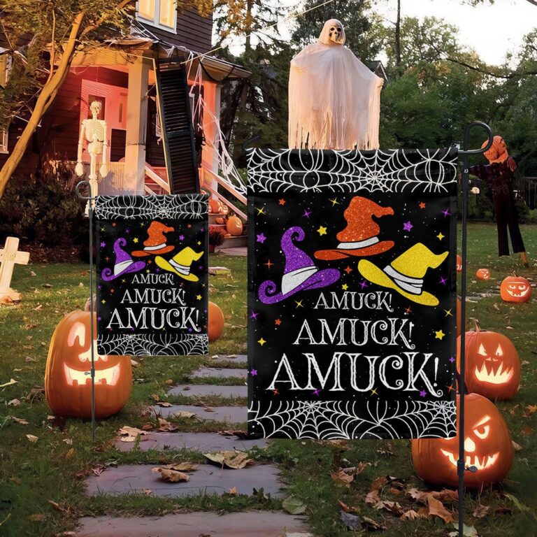Funny Halloween Flag - 'Amuck! Amuck! Amuck!' with Witch Hats and Spider Web Design-W170725-23-mk-3