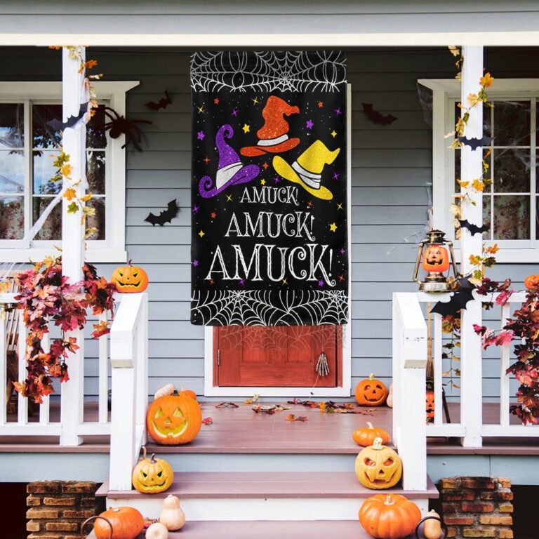 Funny Halloween Flag - 'Amuck! Amuck! Amuck!' with Witch Hats and Spider Web Design-W170725-23-mk-4