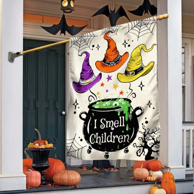 Funny Halloween Flag - 'I Smell Children' with Witch Hats and Cauldron Design-W170725-22-mk-1