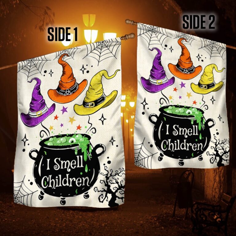 Funny Halloween Flag - 'I Smell Children' with Witch Hats and Cauldron Design-W170725-22-mk-2