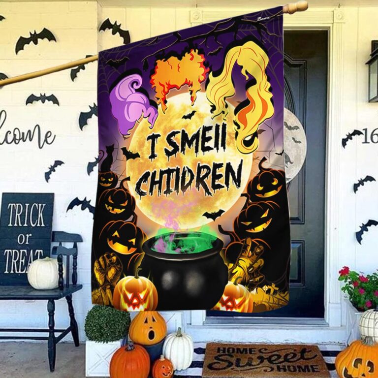 Funny Halloween Garden Flag - 'I Smell Children' with Witches, Cauldron & Pumpkin Design-W170725-21-mk-1