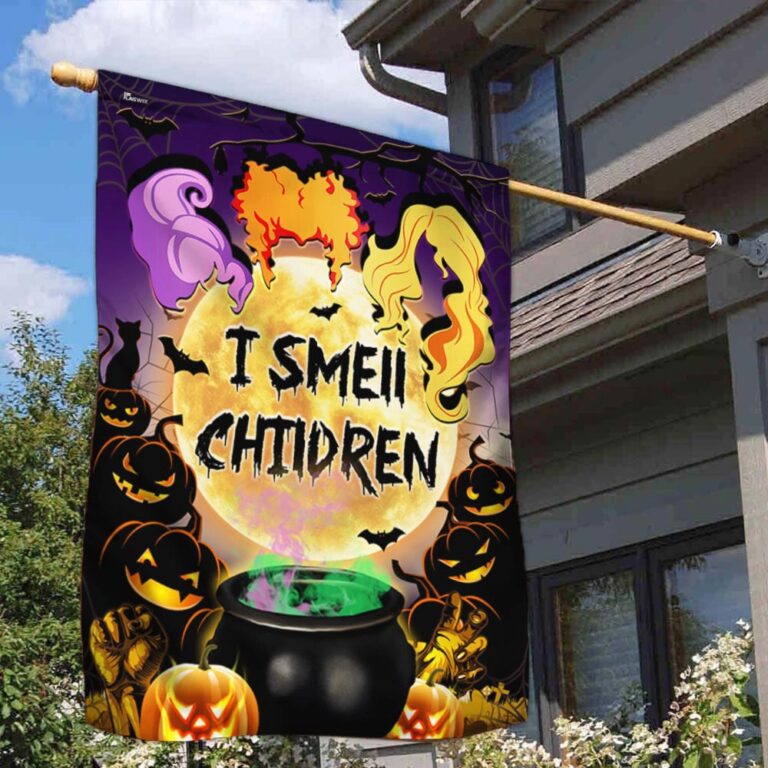 Funny Halloween Garden Flag - 'I Smell Children' with Witches, Cauldron & Pumpkin Design-W170725-21-mk-2