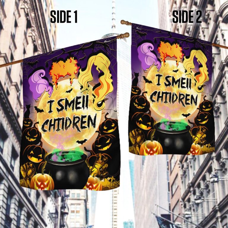 Funny Halloween Garden Flag - 'I Smell Children' with Witches, Cauldron & Pumpkin Design-W170725-21-mk-3