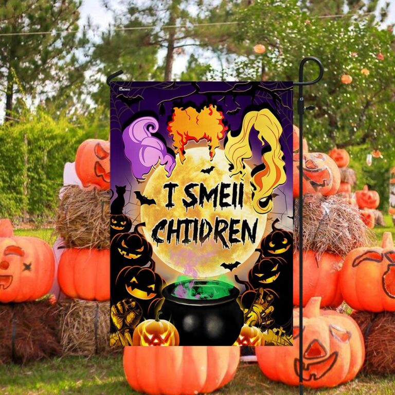 Funny Halloween Garden Flag - 'I Smell Children' with Witches, Cauldron & Pumpkin Design-W170725-21-mk-4