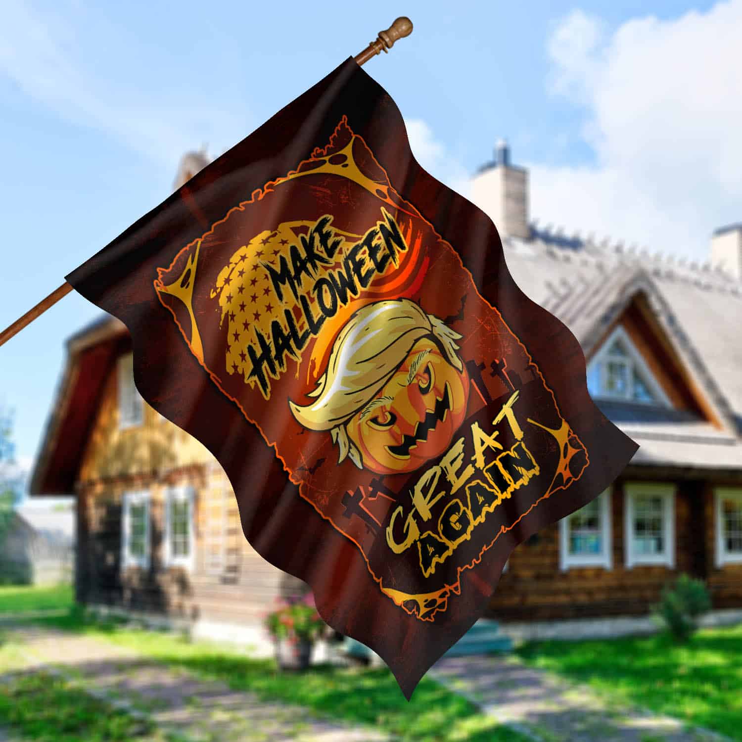 Funny Halloween Garden Flag - Pumpkin with Hair and 'Make Halloween Great Again' Slogan-W170725-17-mk-3