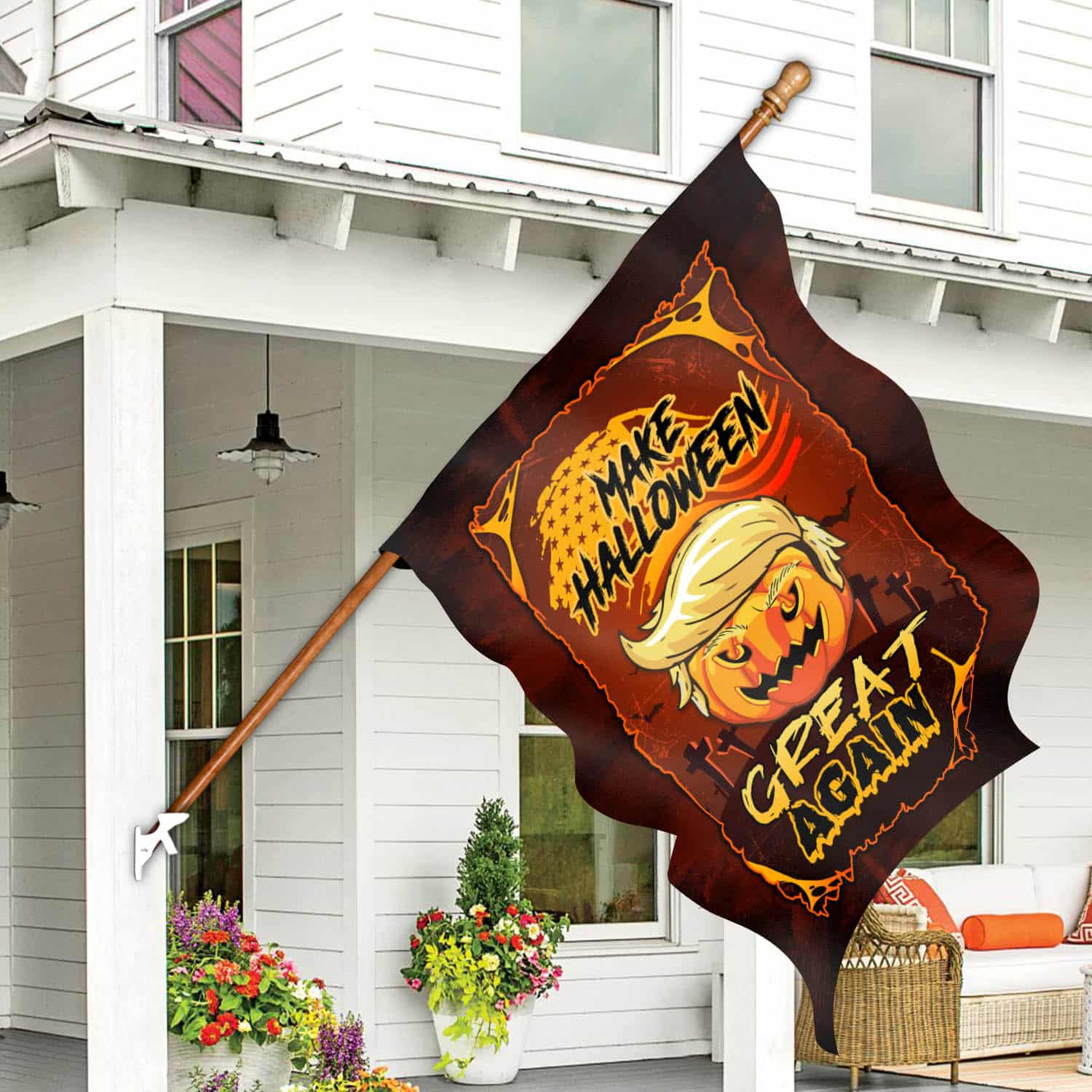 Funny Halloween Garden Flag - Pumpkin with Hair and 'Make Halloween Great Again' Slogan-W170725-17-mk-4