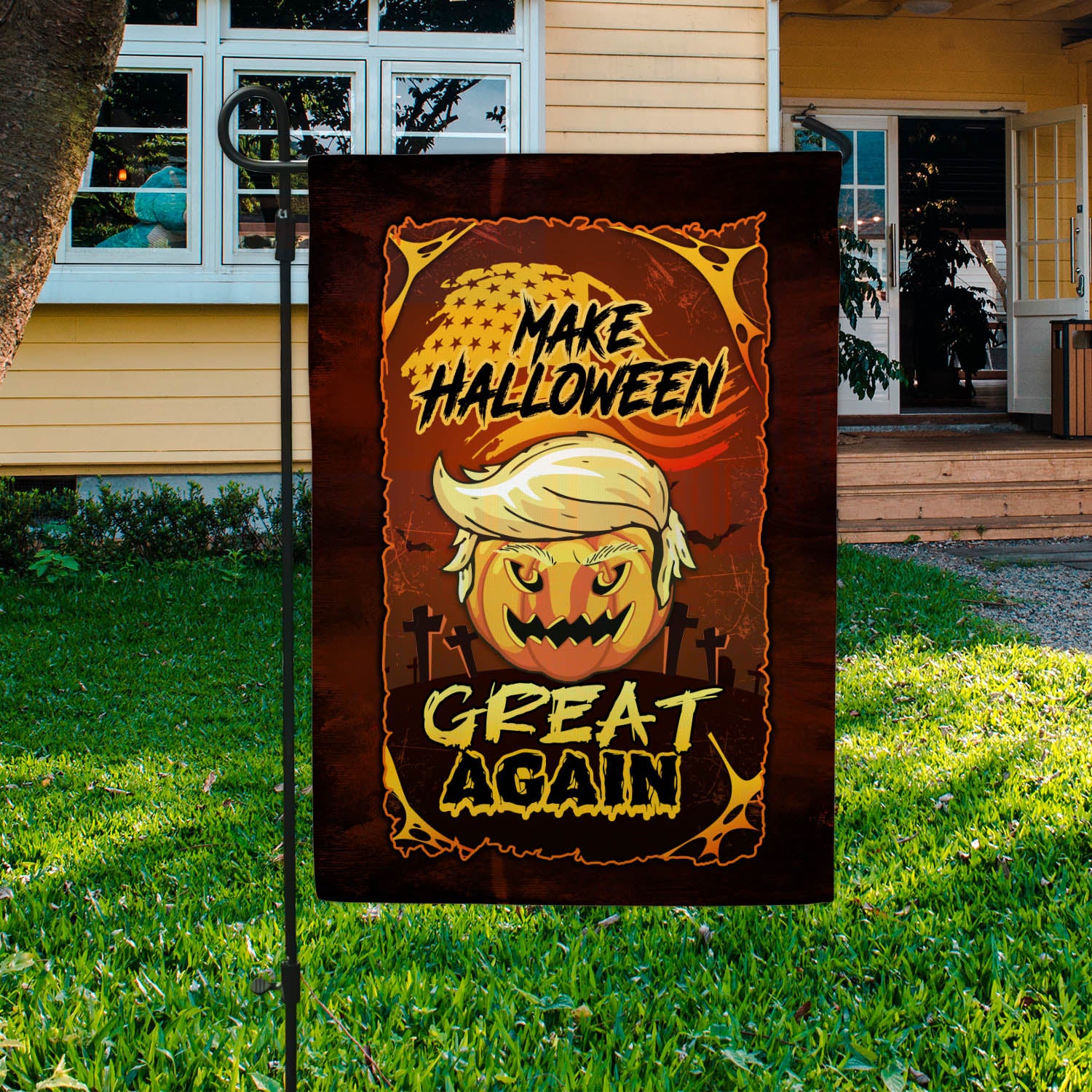 Funny Halloween Garden Flag - Pumpkin with Hair and 'Make Halloween Great Again' Slogan-W170725-17-mk-5