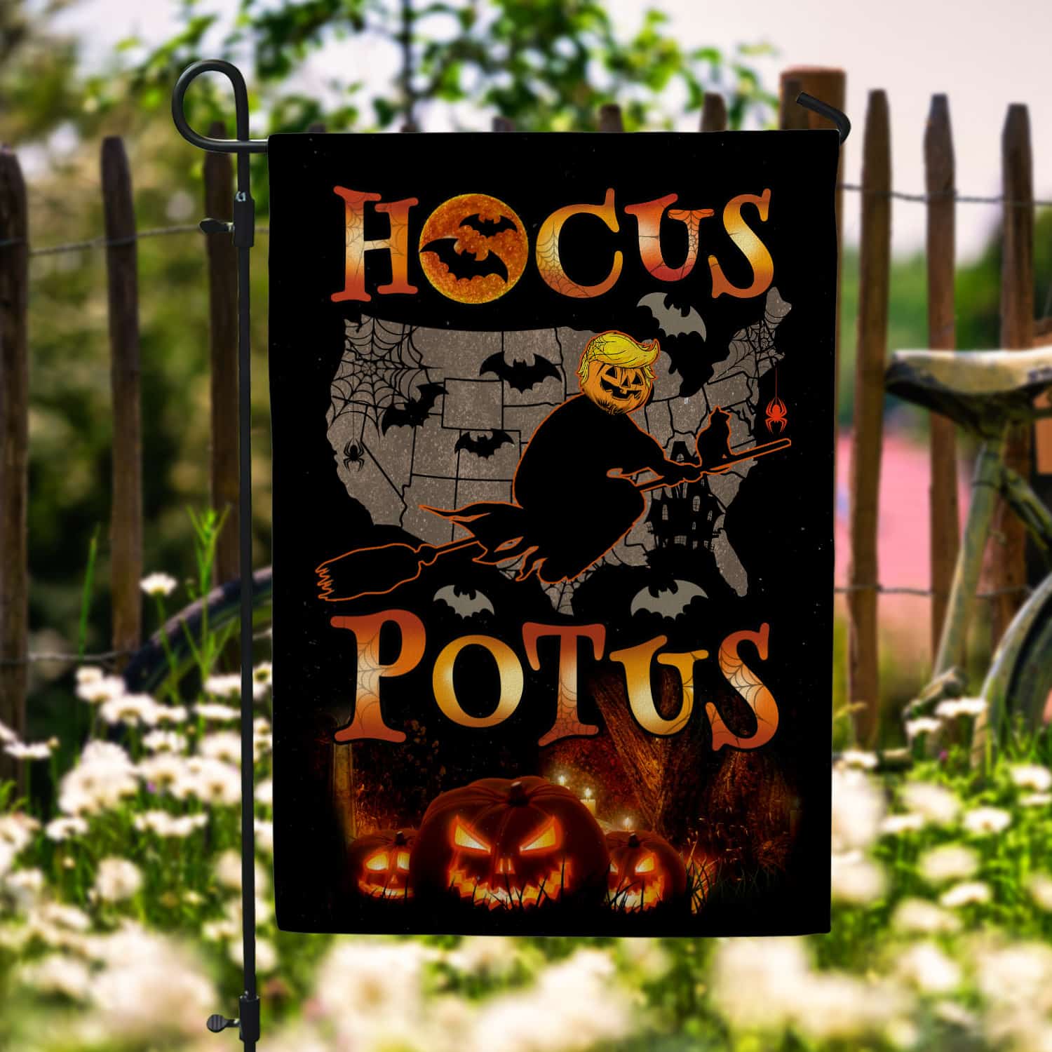 Funny Halloween Hocus POTUS Flag - Political Witch on Broom with Jack-o'-Lantern and USA Map-W240725-06-mk1