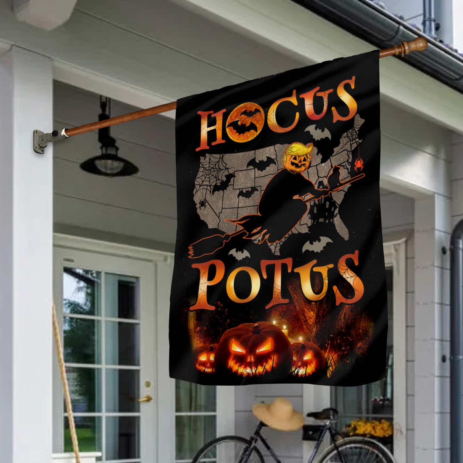 Funny Halloween Hocus POTUS Flag - Political Witch on Broom with Jack-o'-Lantern and USA Map-W240725-06-mk2