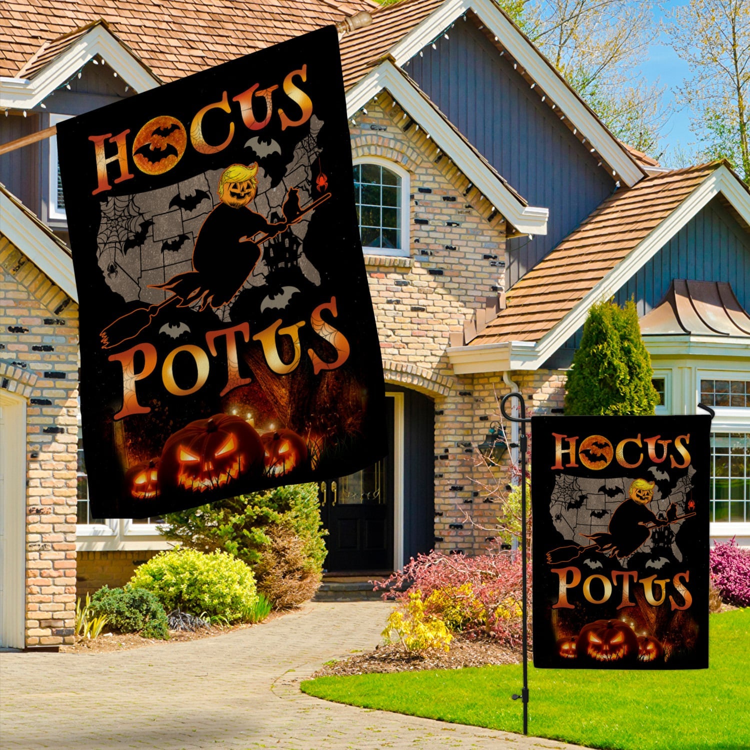 Funny Halloween Hocus POTUS Flag - Political Witch on Broom with Jack-o'-Lantern and USA Map-W240725-06-mk3
