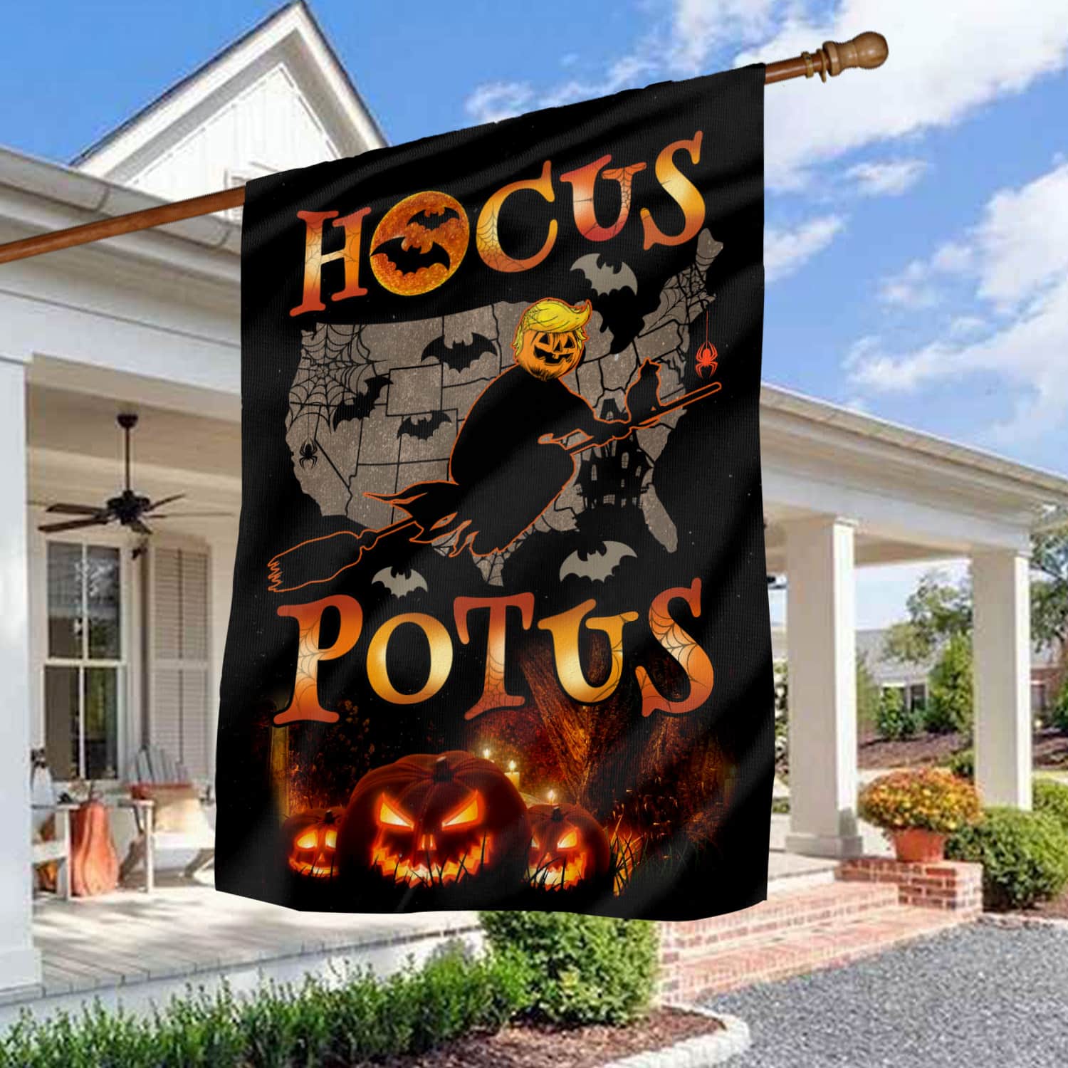 Funny Halloween Hocus POTUS Flag - Political Witch on Broom with Jack-o'-Lantern and USA Map-W240725-06-mk5