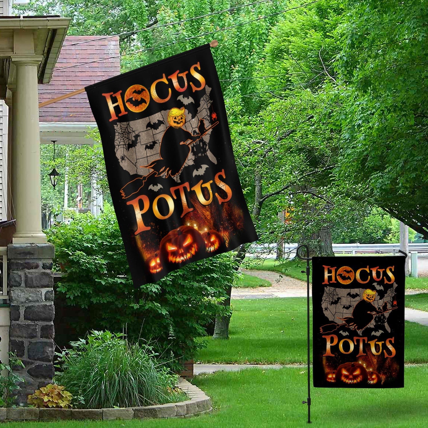 Funny Halloween Hocus POTUS Flag - Political Witch on Broom with Jack-o'-Lantern and USA Map-W240725-06-mk6