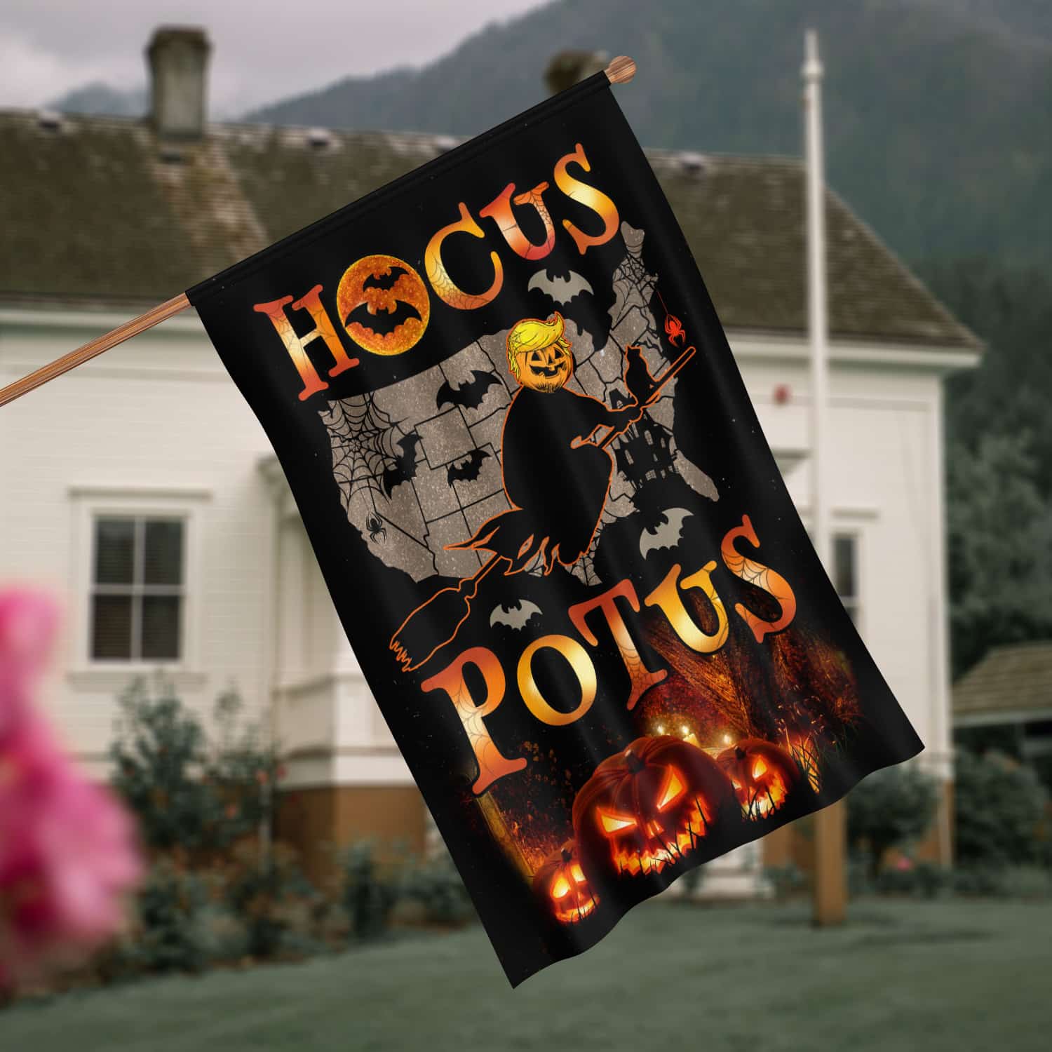 Funny Halloween Hocus POTUS Flag - Political Witch on Broom with Jack-o'-Lantern and USA Map-W240725-06-mk7