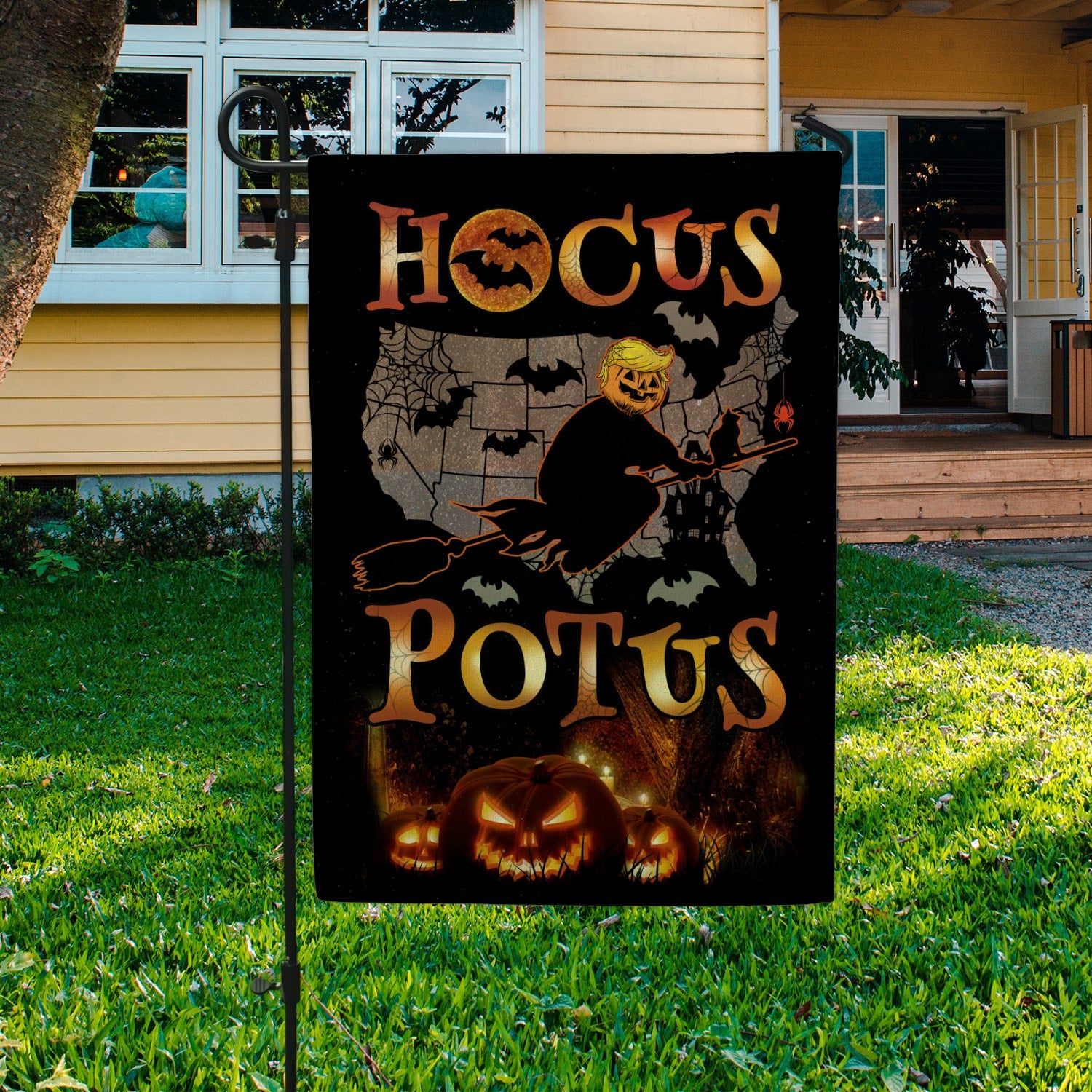 Funny Halloween Hocus POTUS Flag - Political Witch on Broom with Jack-o'-Lantern and USA Map-W240725-06-mk8