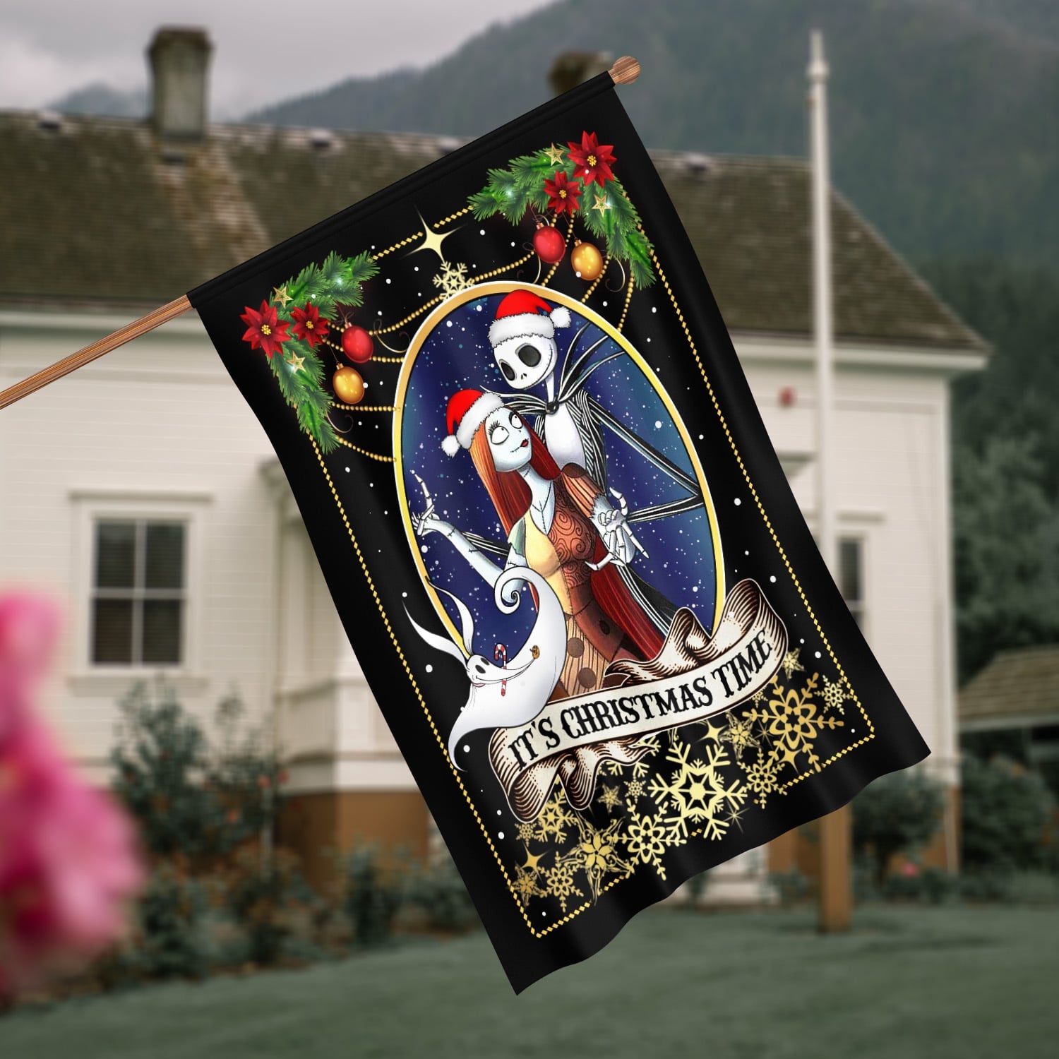 Gothic Christmas Flag - Skeleton Couple Holiday Decor with “It’s Christmas Time” Banner-W170725-09-mk-1
