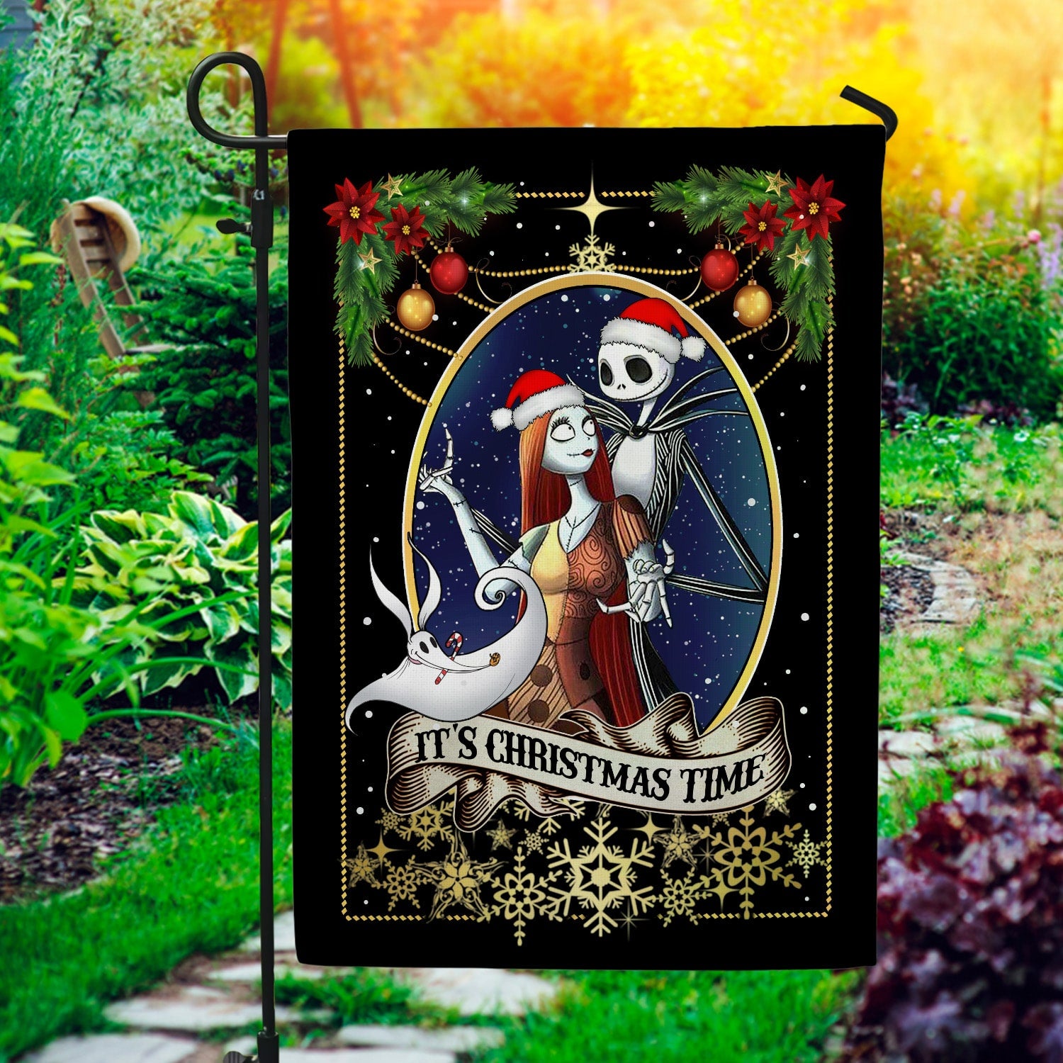 Gothic Christmas Flag - Skeleton Couple Holiday Decor with “It’s Christmas Time” Banner-W170725-09-mk-2