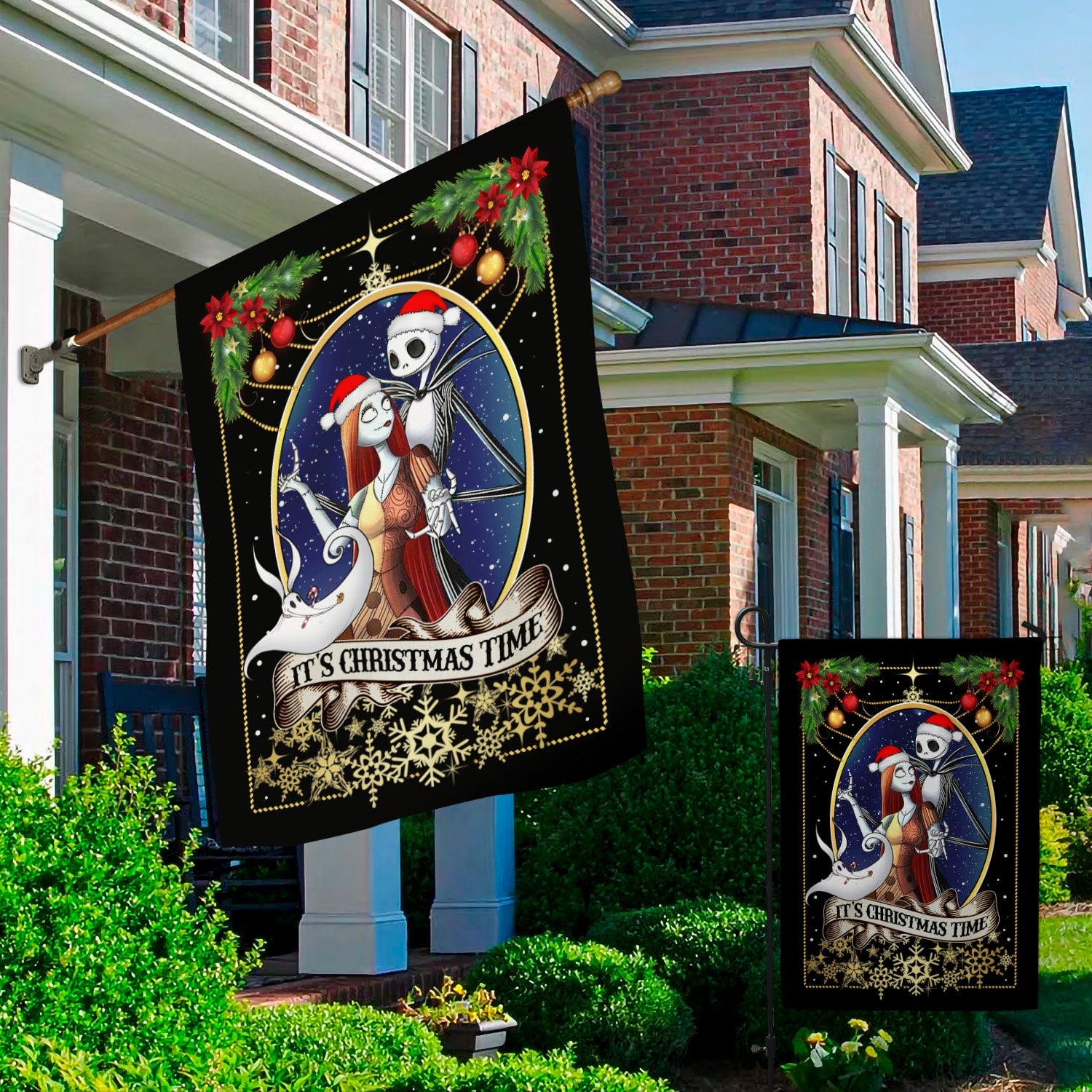 Gothic Christmas Flag - Skeleton Couple Holiday Decor with “It’s Christmas Time” Banner-W170725-09-mk-3