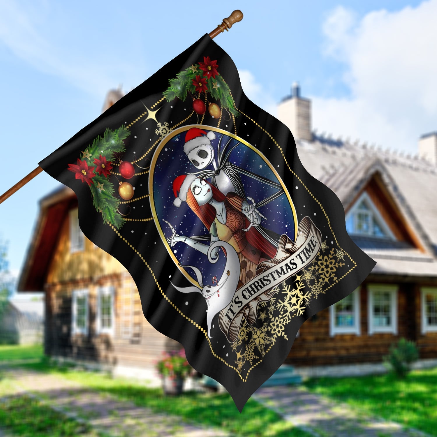 Gothic Christmas Flag - Skeleton Couple Holiday Decor with “It’s Christmas Time” Banner-W170725-09-mk-4